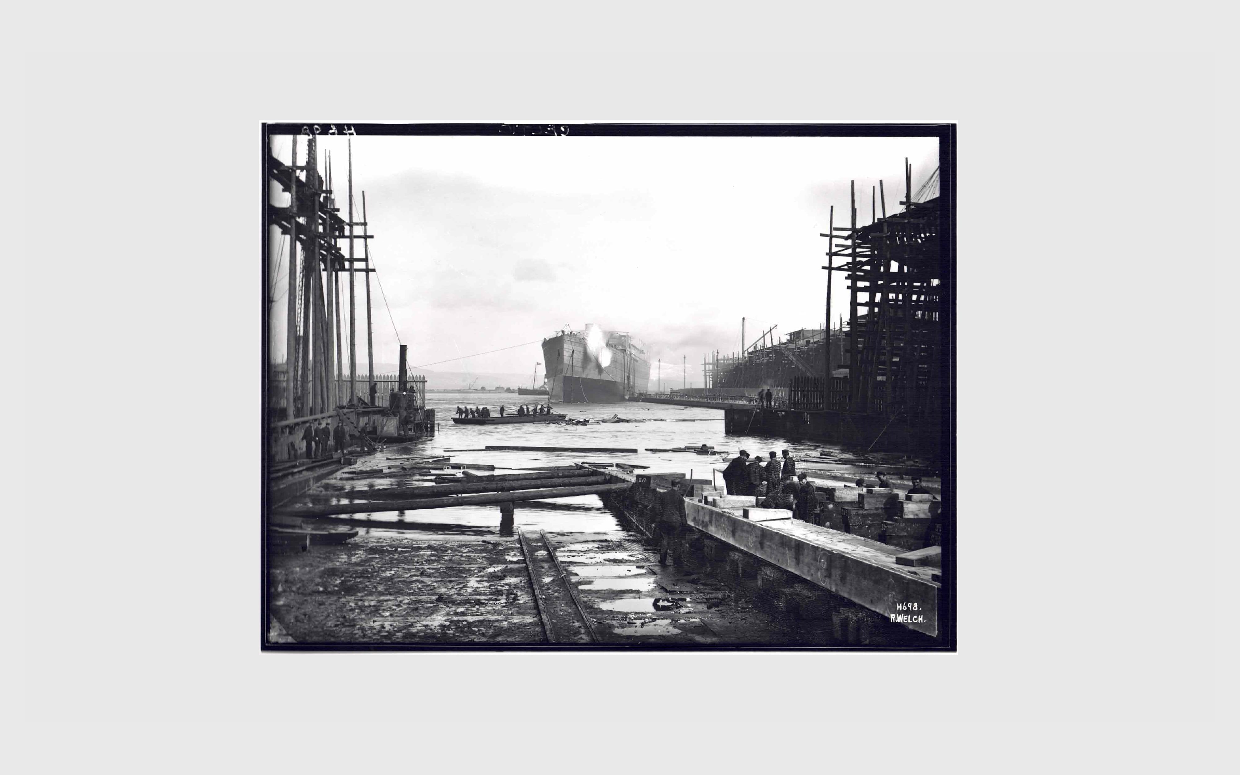 Harland & Wolff archive image showing ships under construction in the docks