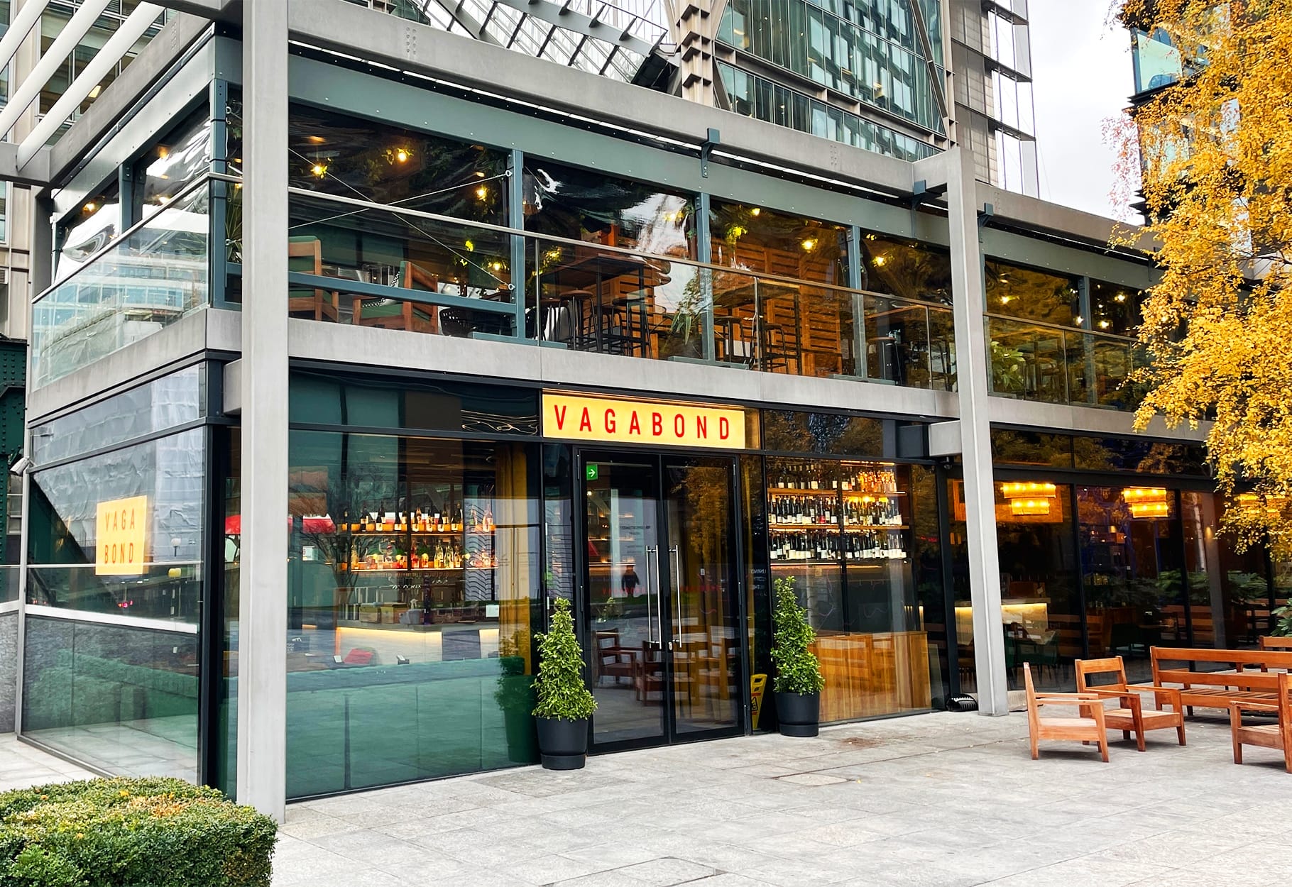 Vagabond Wines external wine bar image showing Shoreditch, London location angled shot