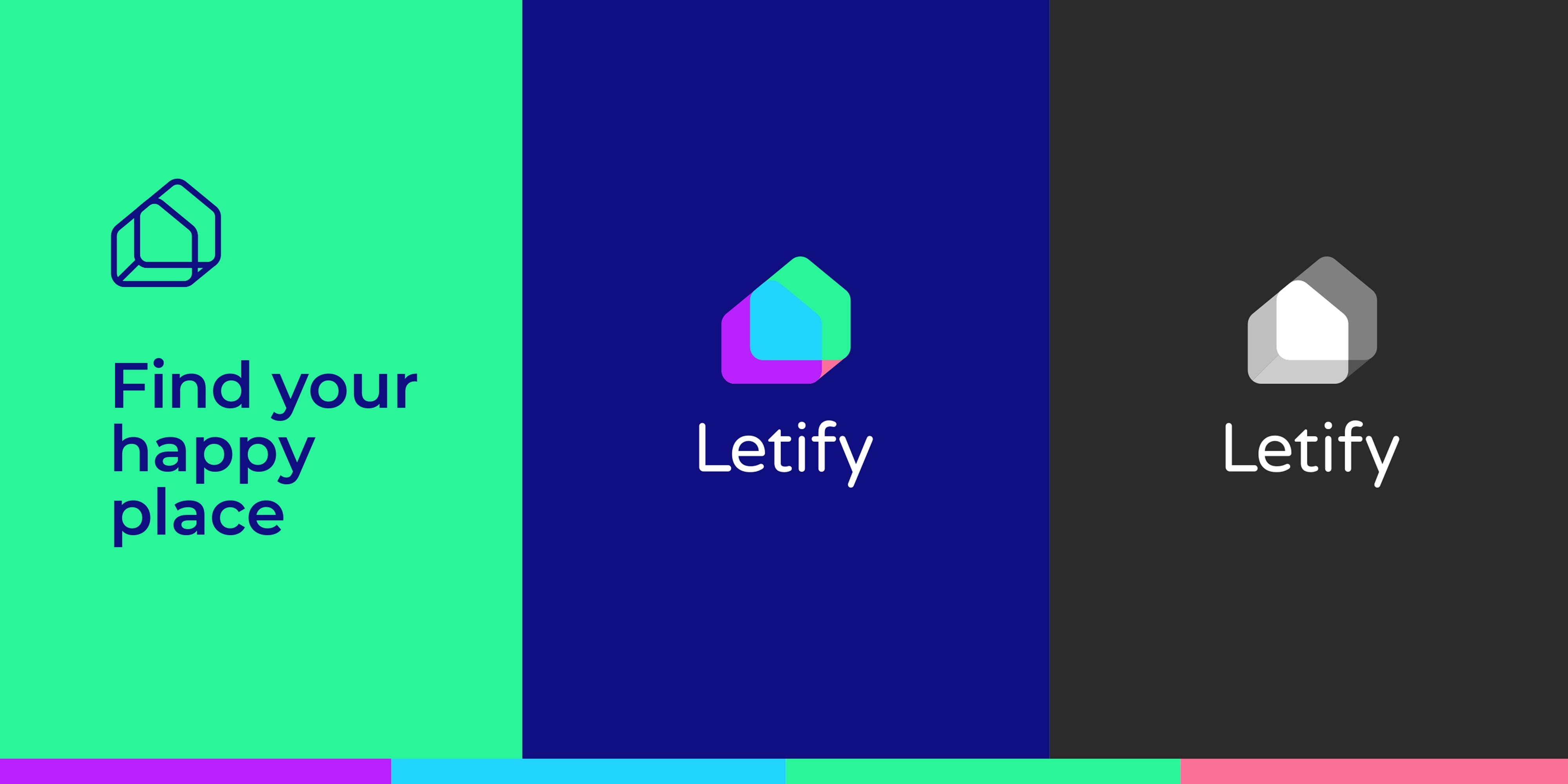 Letify logo and logotype on dark background colours and tagline Find your happy place